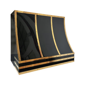 Fobest Custom Glossy Black Stainless Steel Range Hood with Polished Brass Straps FSS-645