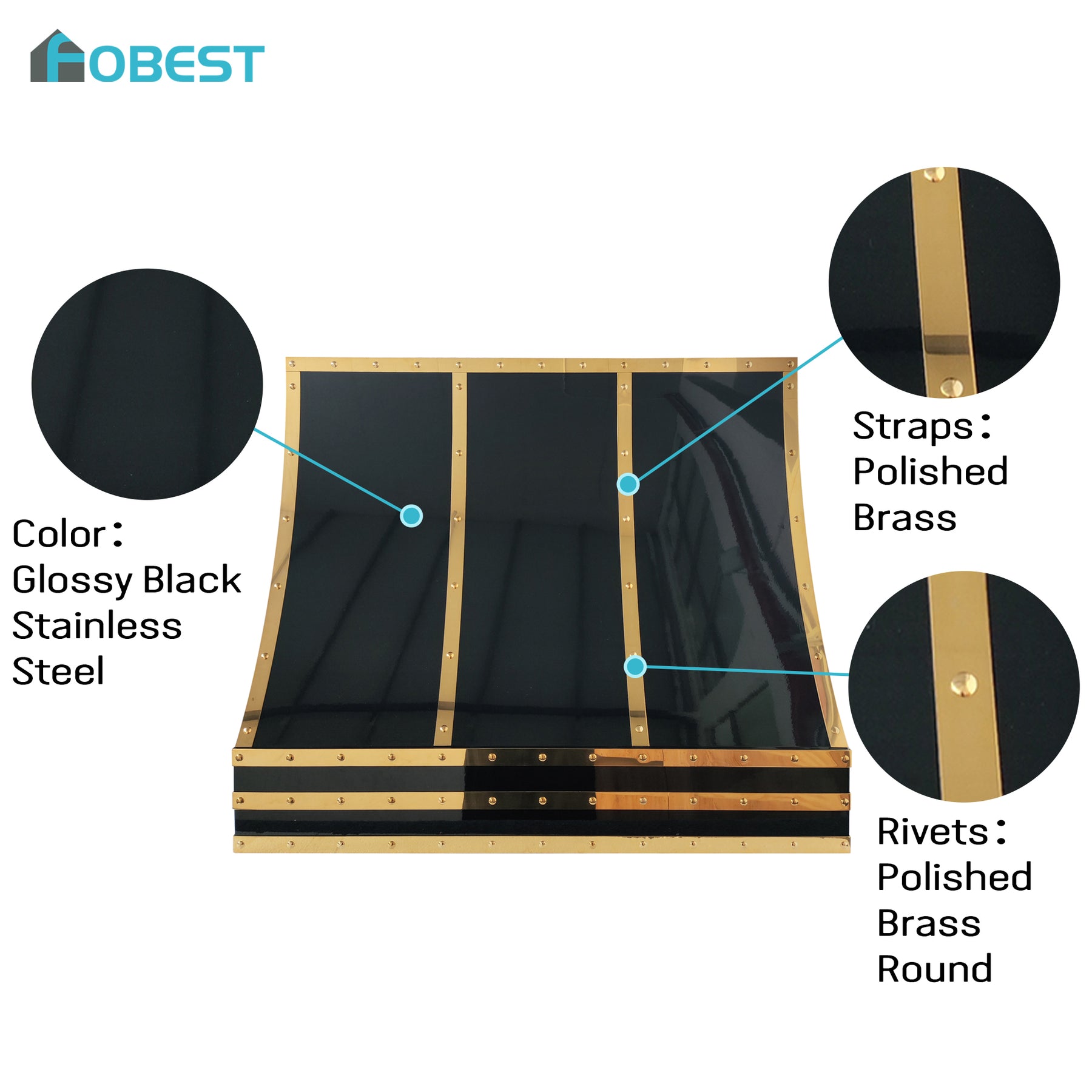 Fobest Custom Glossy Black Stainless Steel Range Hood with Polished Brass Straps FSS-645