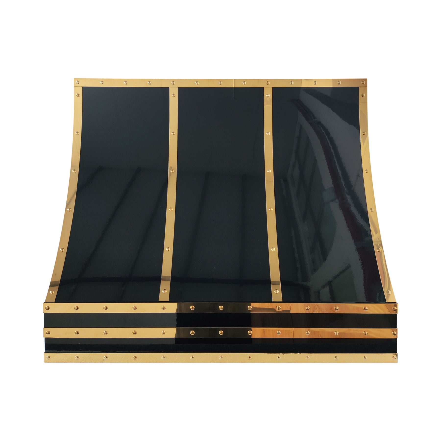Fobest Custom Glossy Black Stainless Steel Range Hood with Polished Brass Straps FSS-645