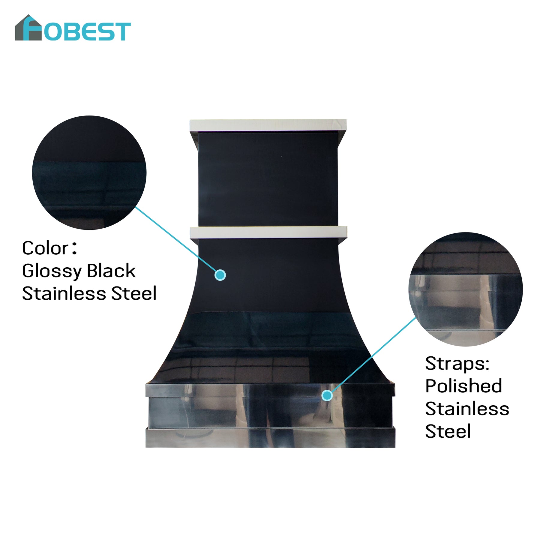 Fobest Custom Glossy Black Stainless Steel Range Hood with Polished Straps FSS-686
