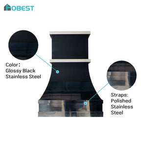 Fobest Custom Glossy Black Stainless Steel Range Hood with Polished Straps FSS-686