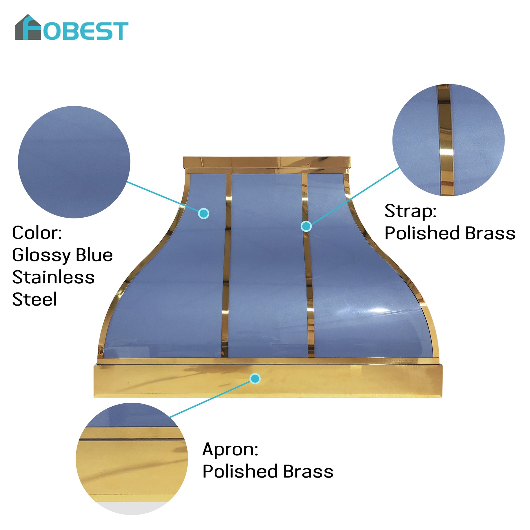 Fobest Custom Glossy Blue Stainless Steel Range Hood with Polished Brass Decor FSS-654
