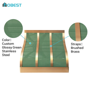 Fobest Custom Glossy Green Range Hood with Brushed Brass Straps FSS-662