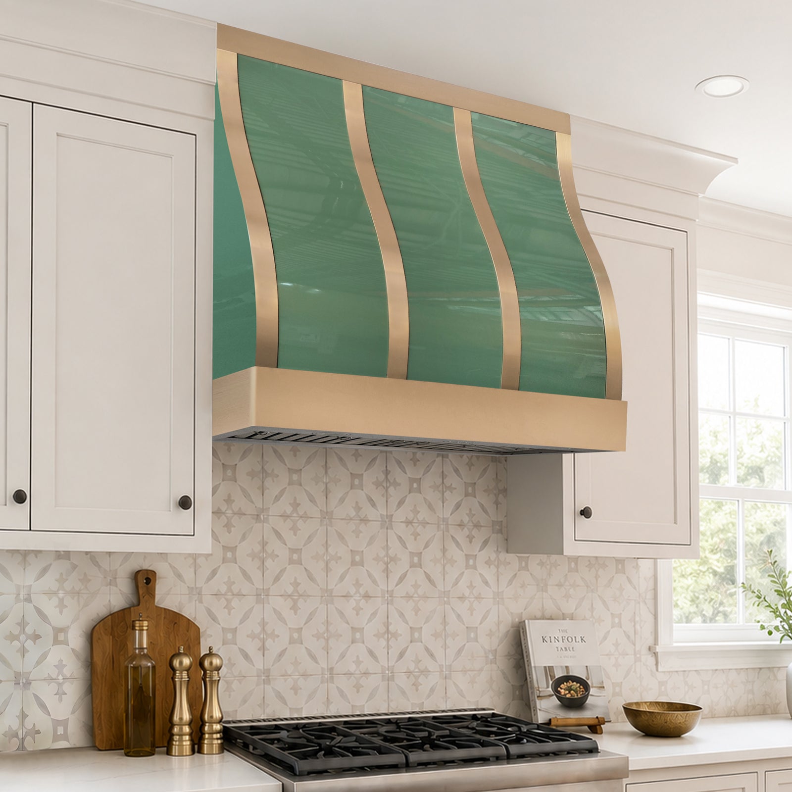 Fobest Custom Glossy Green Range Hood with Brushed Brass Straps FSS-662