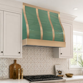 Fobest Custom Glossy Green Range Hood with Brushed Brass Straps FSS-662