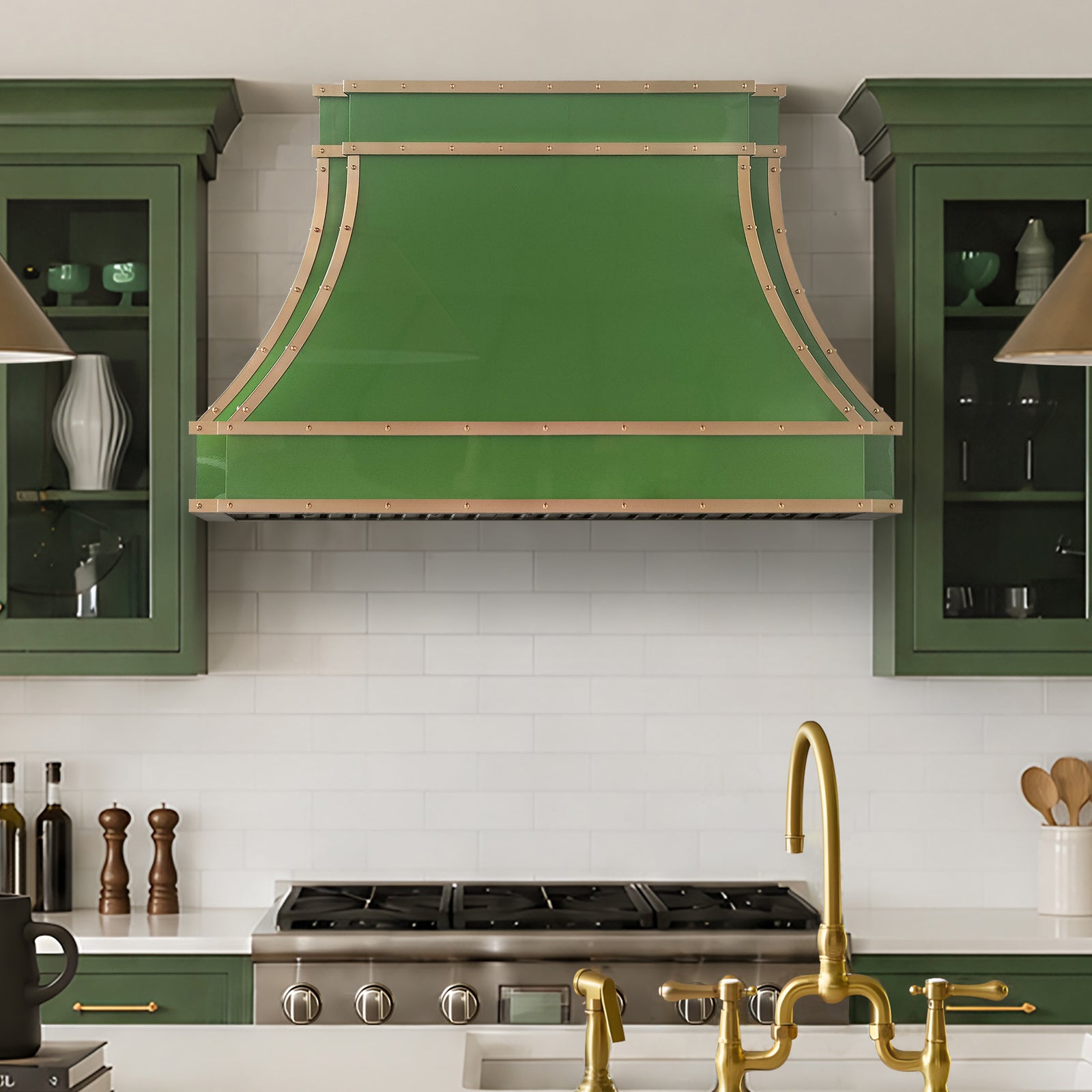 Fobest Custom Glossy Green Stainless Steel Range Hood with Brass Trim FSS-697
