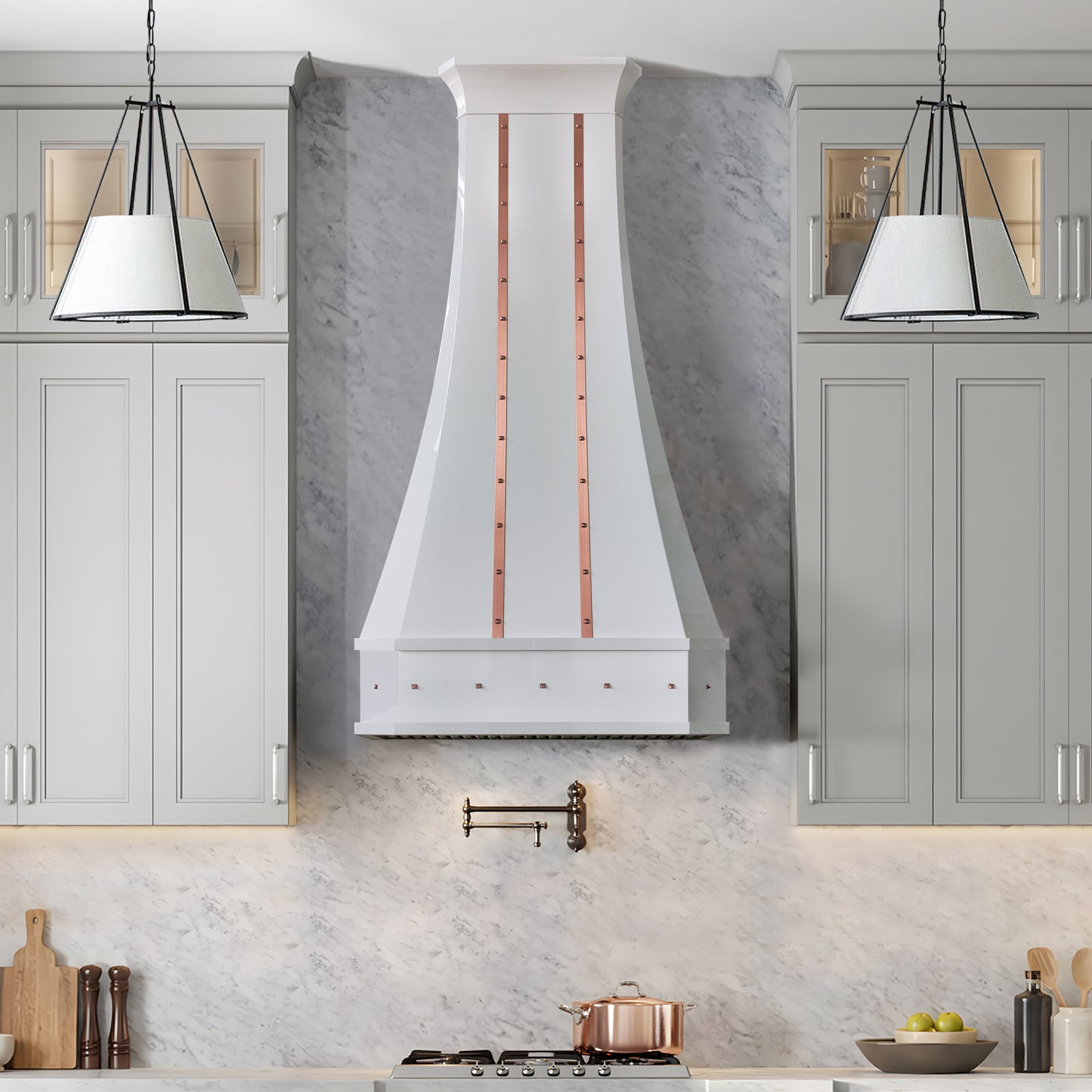 Fobest Custom Glossy White Stainless Steel Range Hood with Natural Copper Accents FSS-734