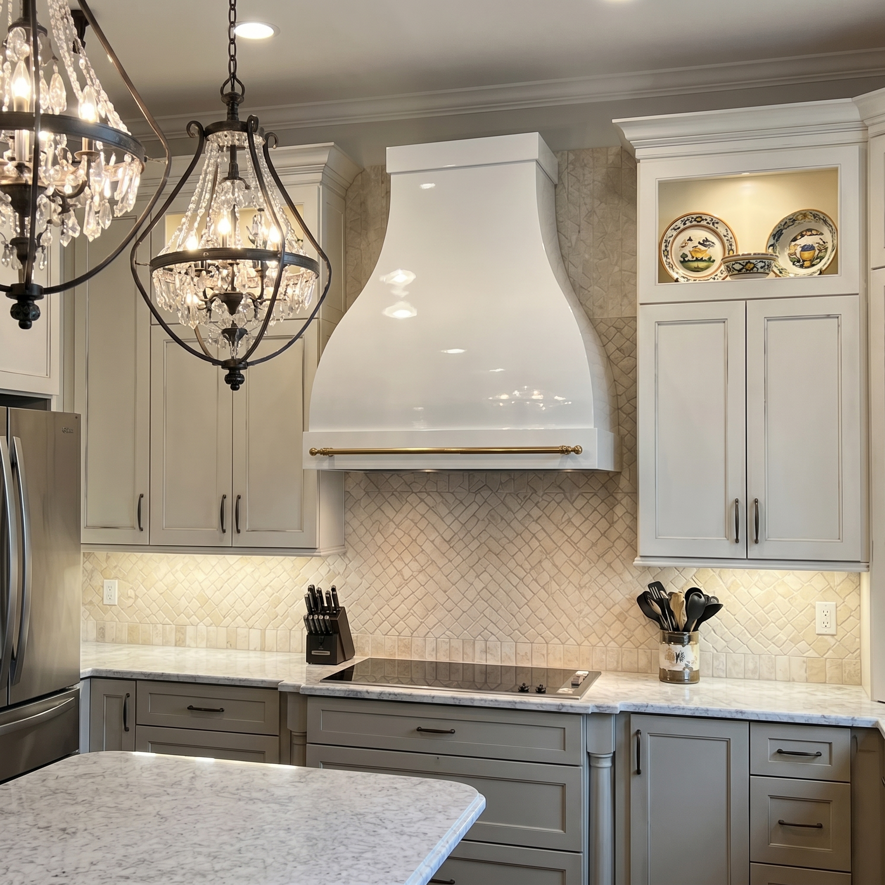 Fobest Custom Glossy White Stainless Steel Range Hood with Polished Brass Accents FSS-569