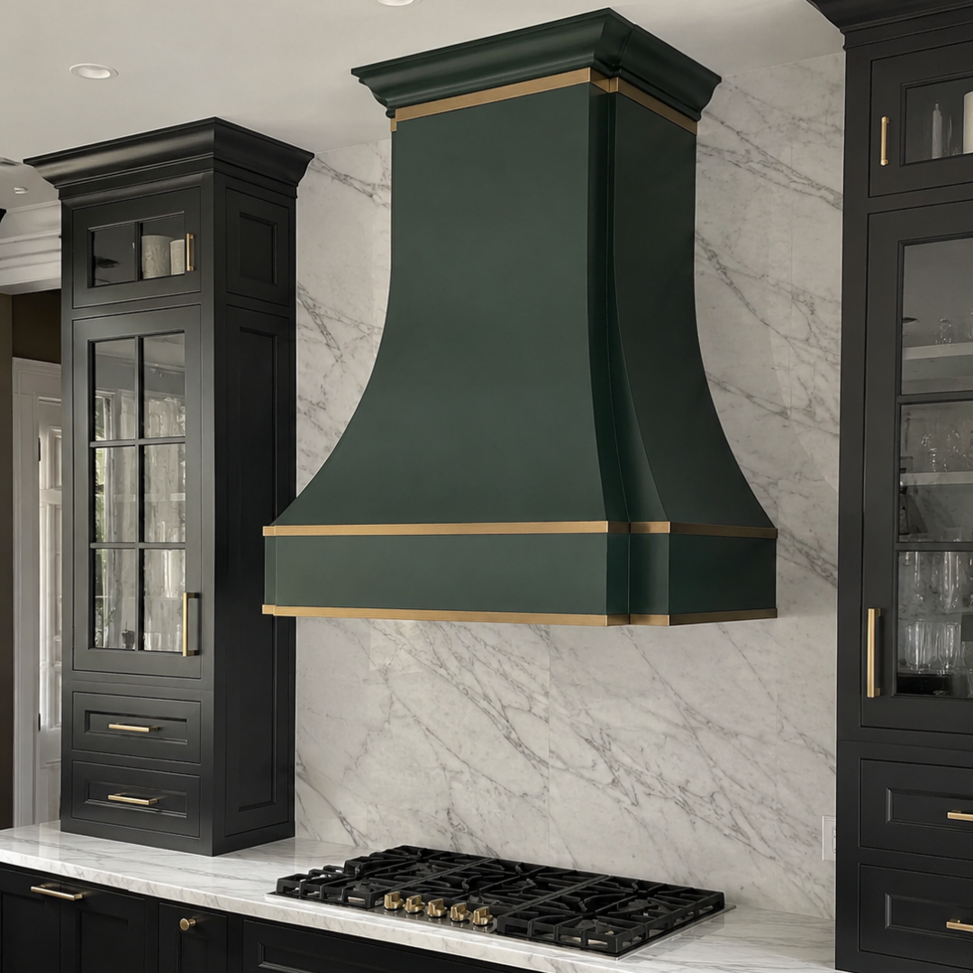 Fobest Custom Green Parallel Range Hood with Aged Brass Trim FSS-597