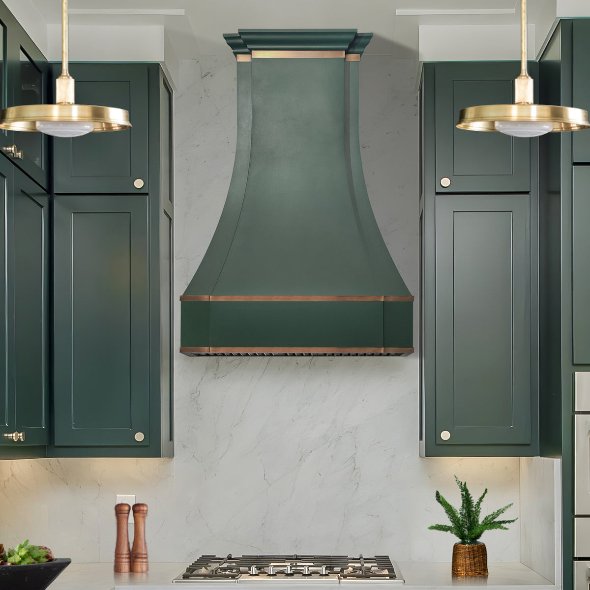 Fobest Custom Green Parallel Range Hood with Aged Brass Trim FSS-597