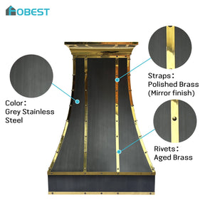 Fobest Custom Grey Stainless Steel Range Hood with Polished Brass Accents  FSS-640