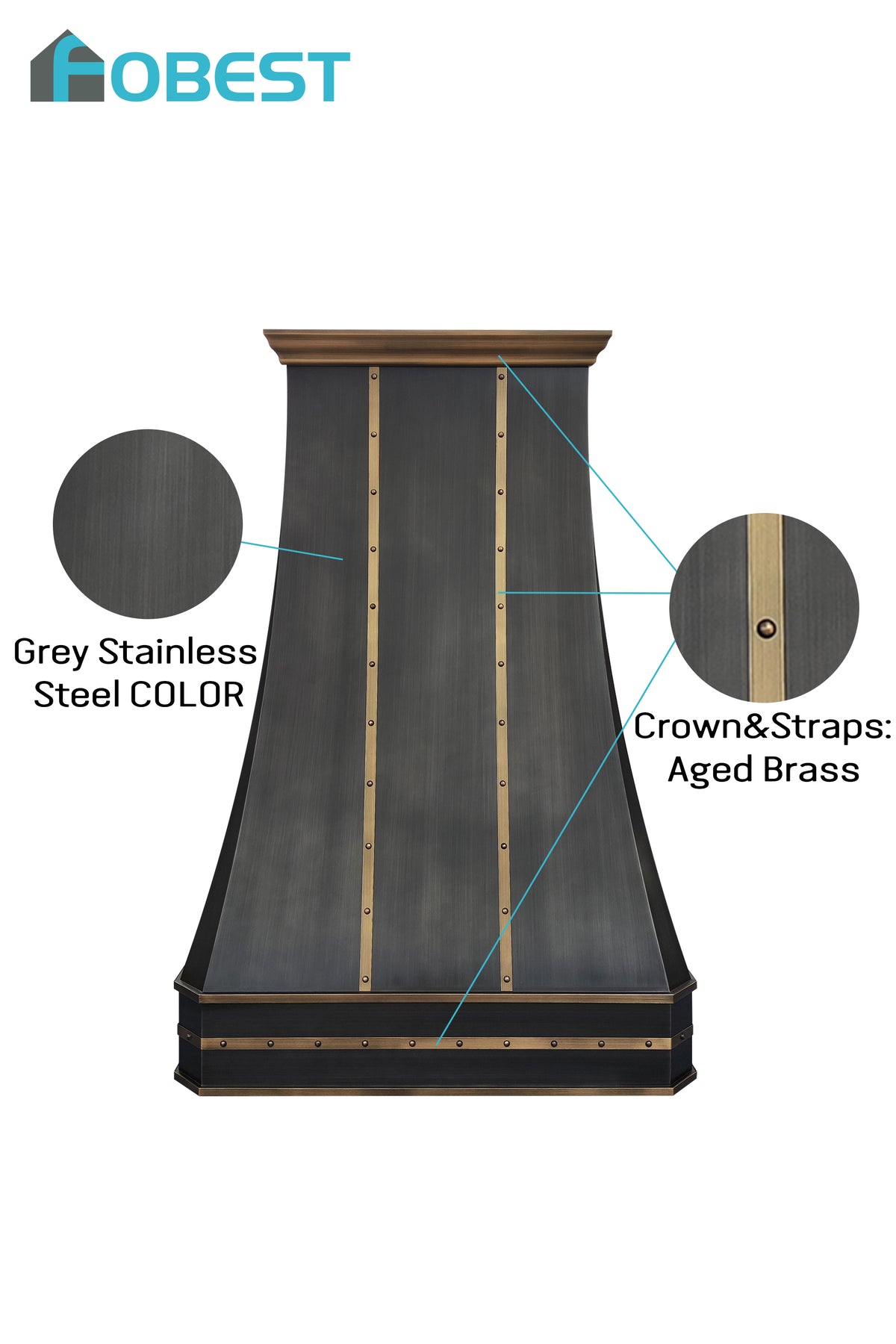 Fobest Custom Grey Stainless Steel Vent Hood with Brass Straps FSS-466