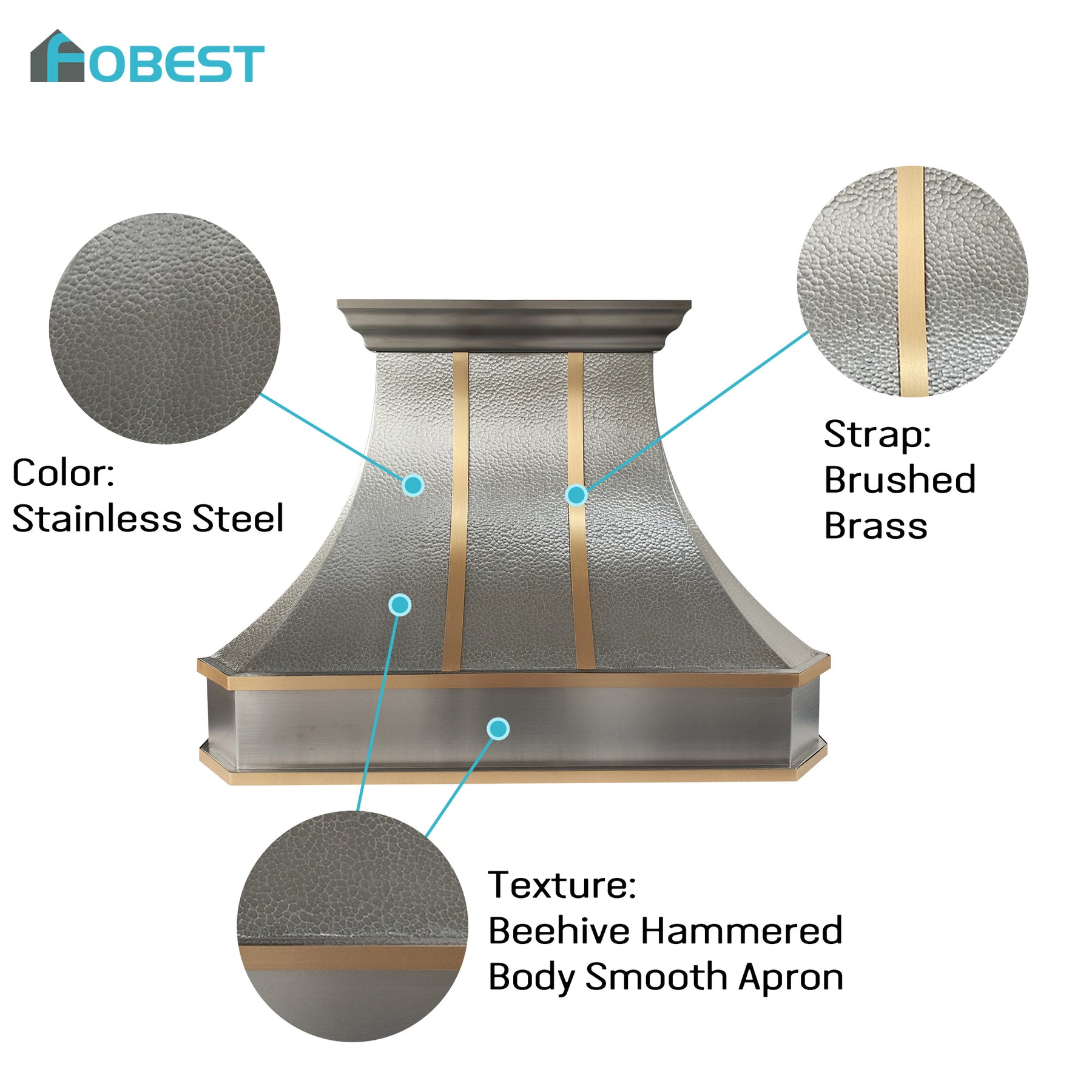 Fobest Custom Hammered Stainless Steel Range Hood with Brass Decor FSS-672