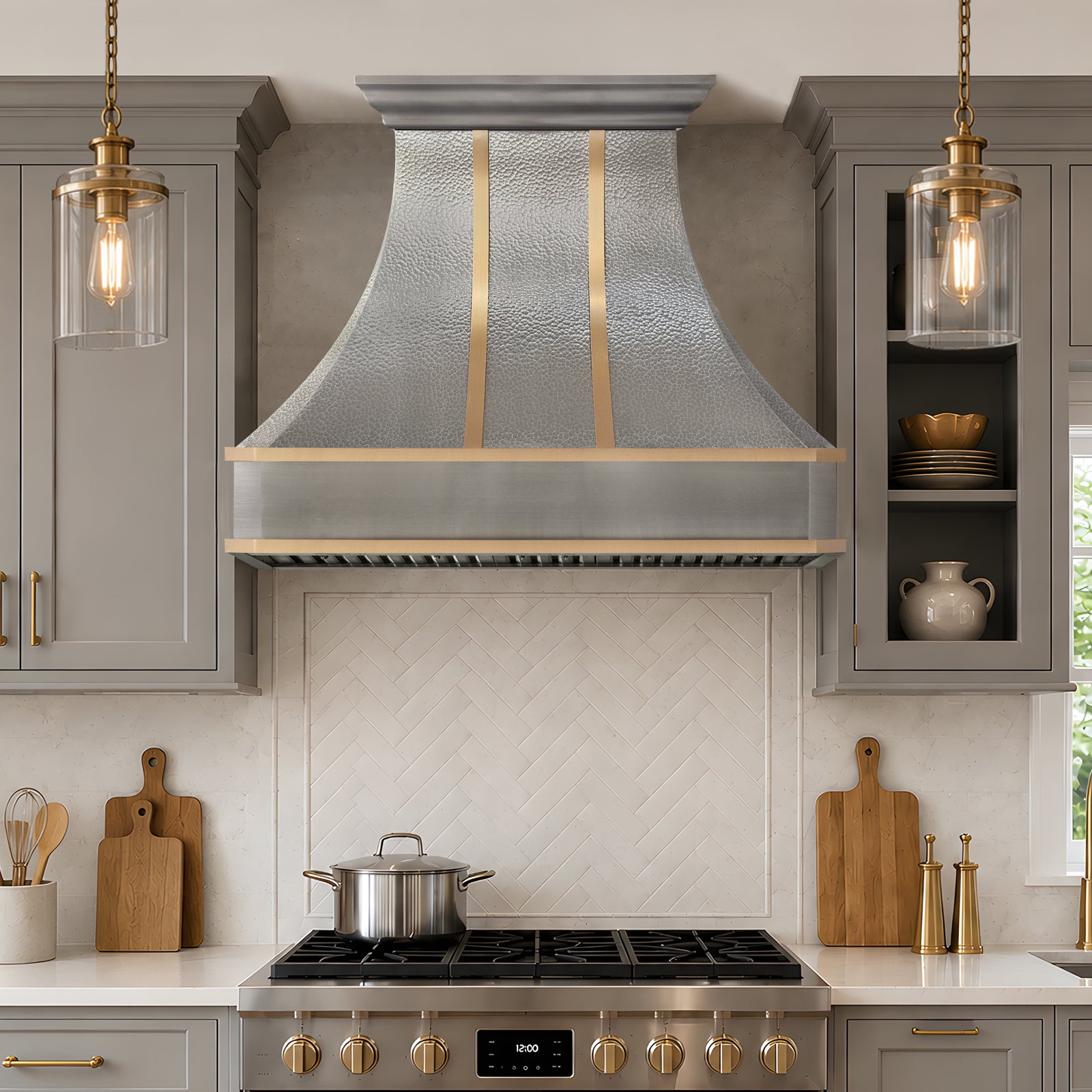 Fobest Custom Hammered Stainless Steel Range Hood with Brass Decor FSS-672