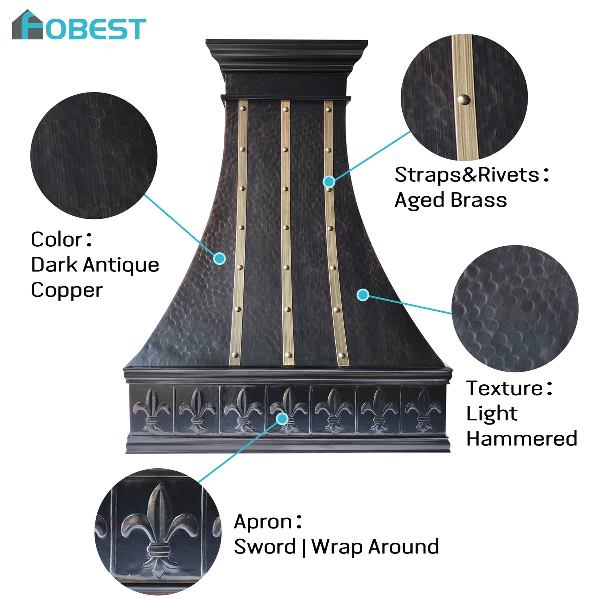 Fobest Custom Handcrafted Copper Range Hood with Aged Brass Straps FCP-361