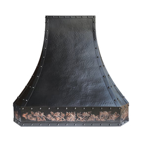 Fobest Custom Handmade Copper Range Hood in Oil Rubbed Bronze with Hand-Carved Apron FCP-362