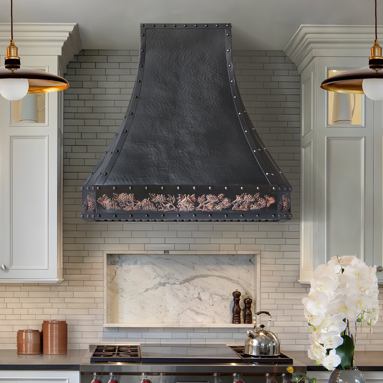 Fobest Custom Handmade Copper Range Hood in Oil Rubbed Bronze with Hand-Carved Apron FCP-362