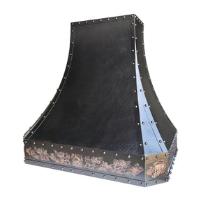 Fobest Custom Handmade Copper Range Hood in Oil Rubbed Bronze with Hand-Carved Apron FCP-362