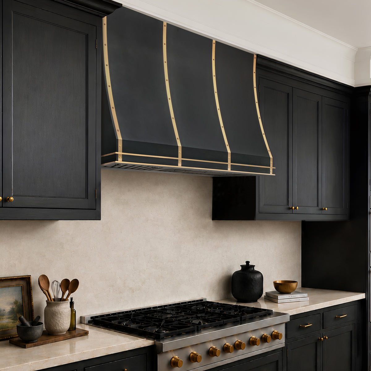 Fobest Custom Matte Black Stainless Steel Range Hood with Brass Decor FSS-703