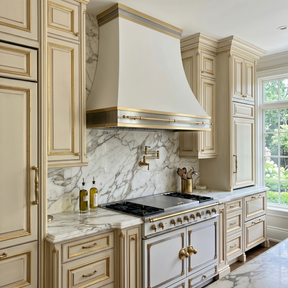 Fobest Custom Matte White Stainless Steel Range Hood with Brushed Brass Pot Rail FSS-571