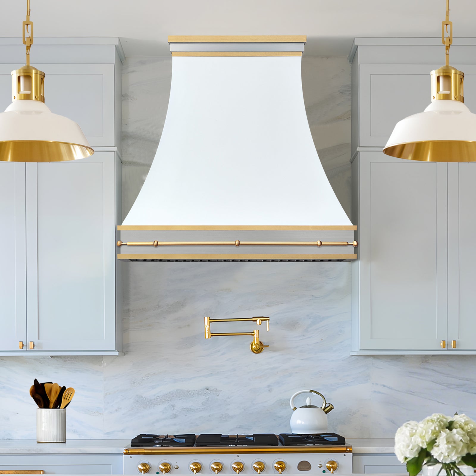 Fobest Custom Matte White Stainless Steel Range Hood with Brushed Brass Pot Rail FSS-571