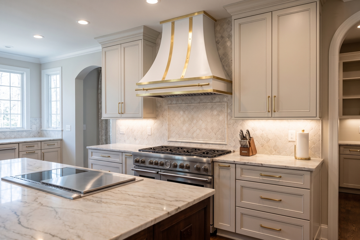 Fobest Custom Matte White Stainless Steel Range Hood with Polished Brass Decor FSS-622