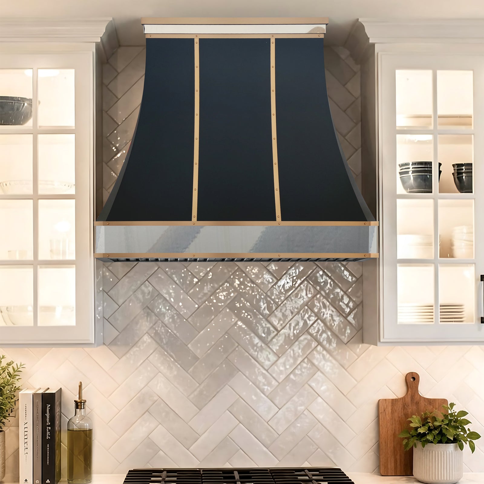Fobest Custom Mixed Metal Range Hood with Black Stainless Steel and Brass Accents  FSS-663