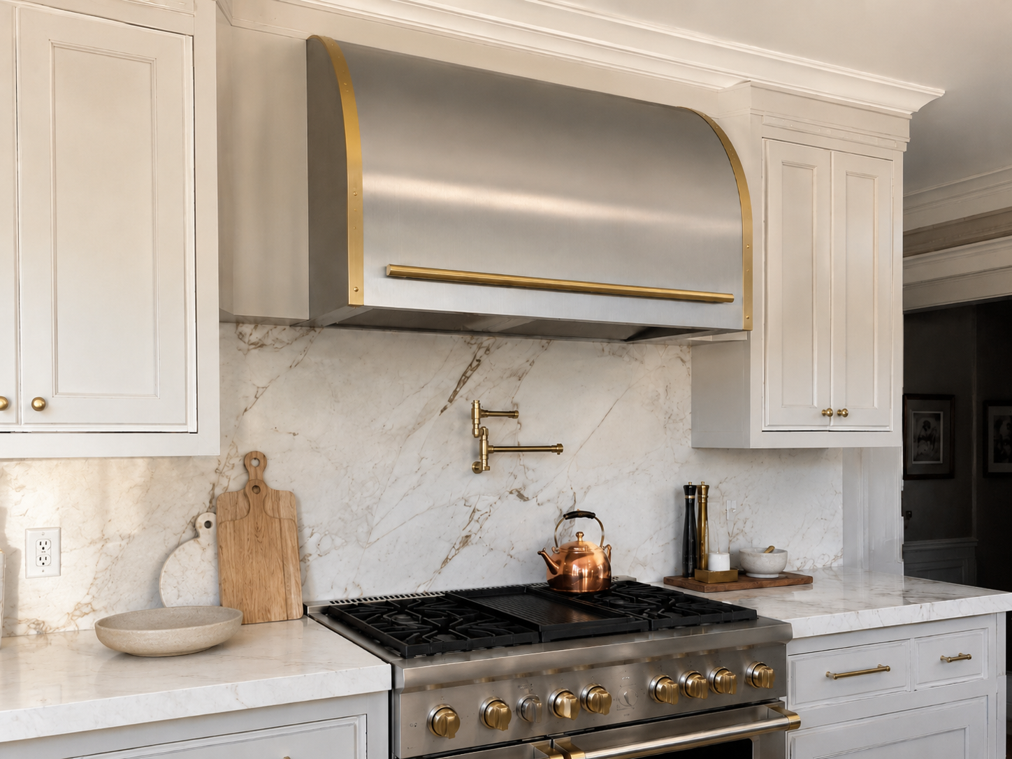 Fobest Custom Modern Barrel Range Hood with Brushed Brass Details FSS-660