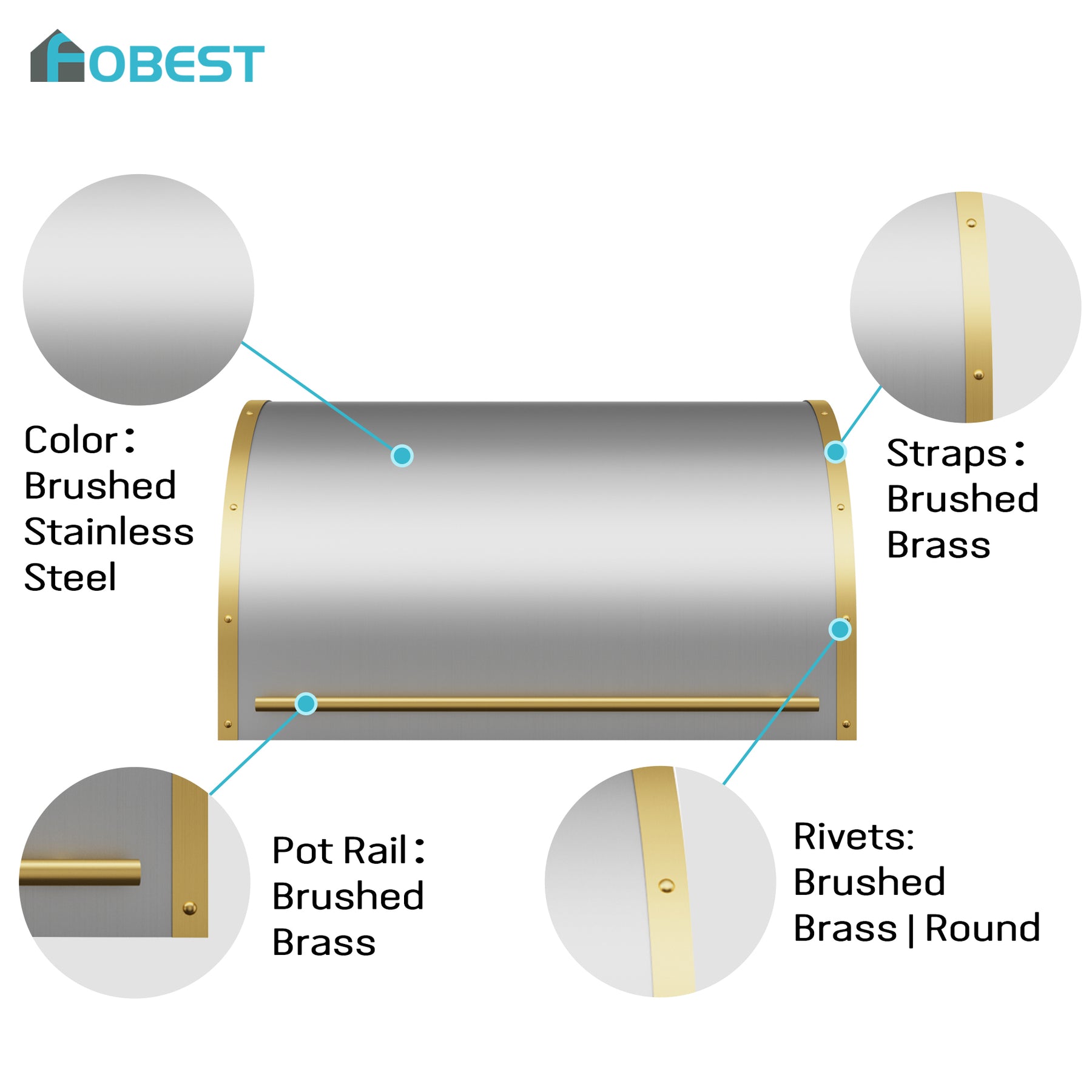 Fobest Custom Modern Barrel Range Hood with Brushed Brass Details FSS-660