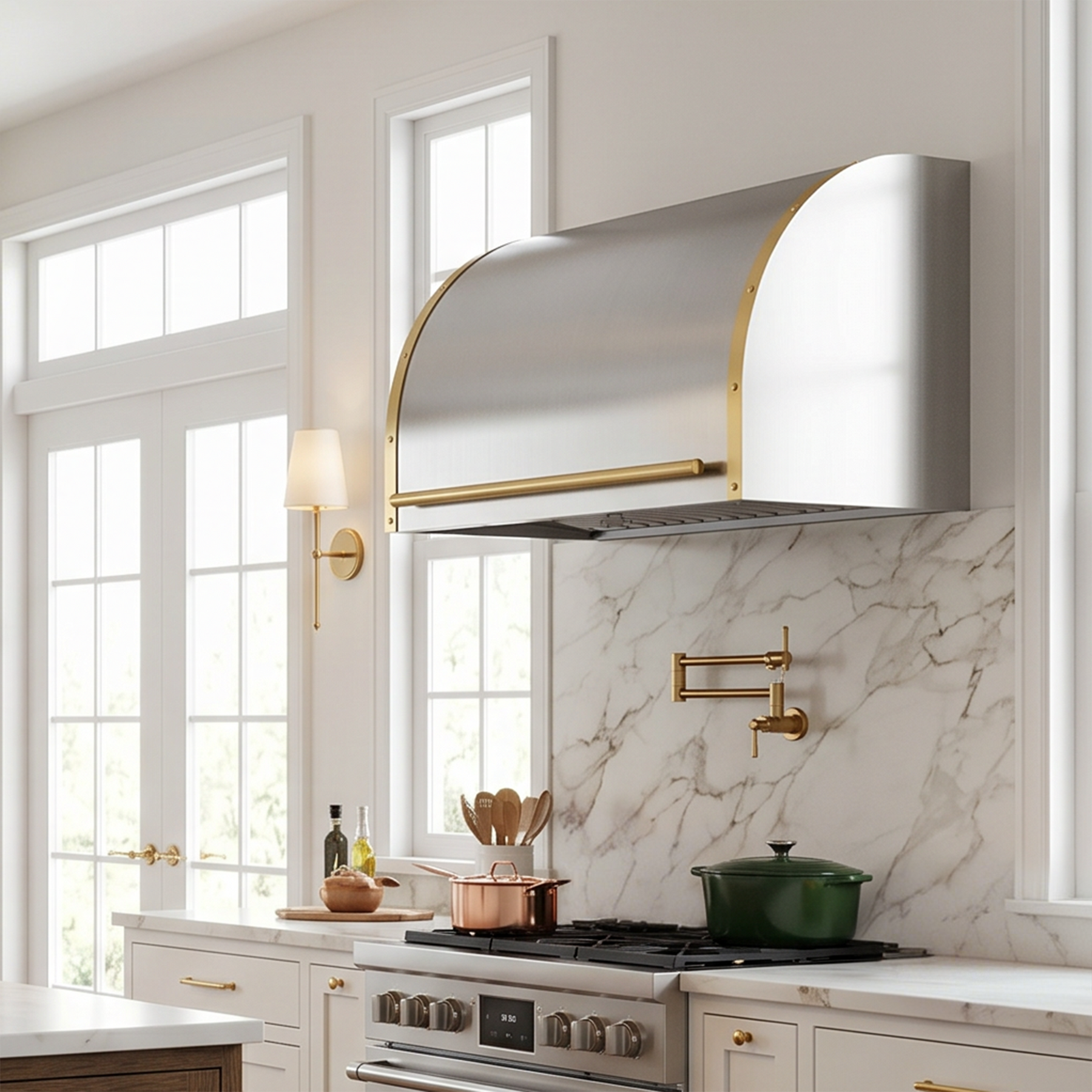 Fobest Custom Modern Barrel Range Hood with Brushed Brass Details FSS-660