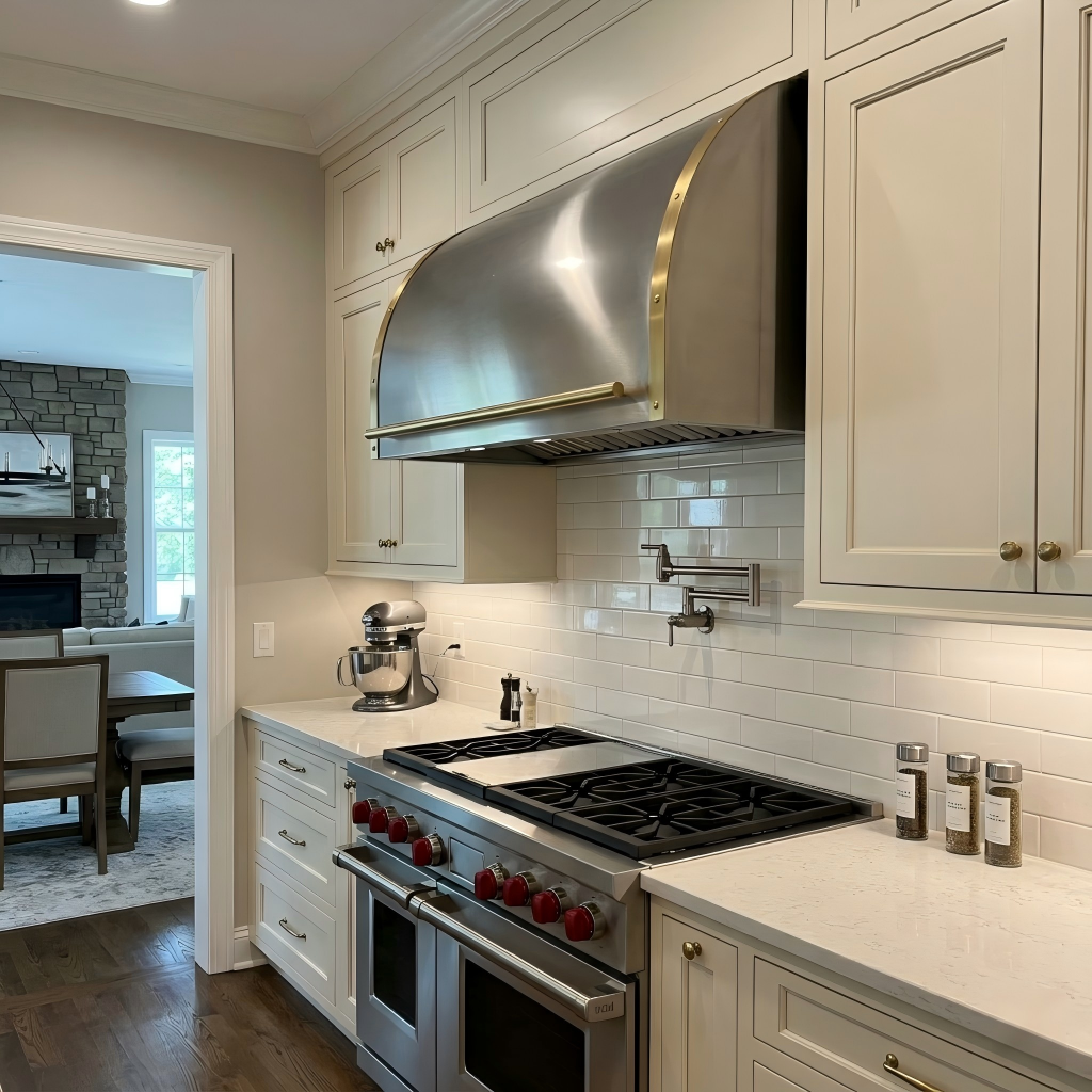 Fobest Custom Modern Barrel Range Hood with Brushed Brass Details FSS-660