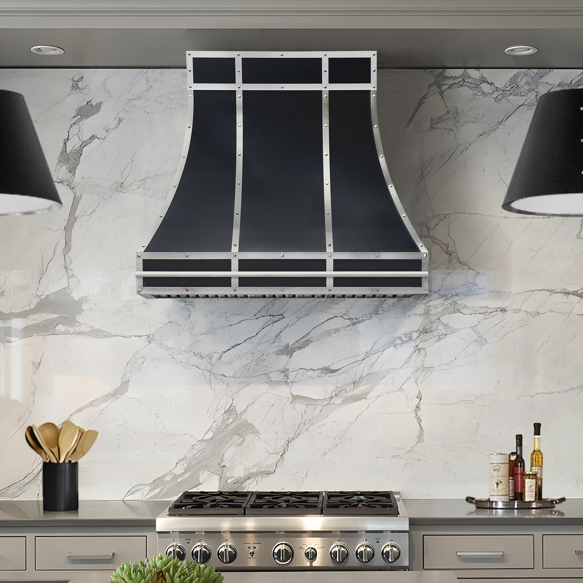 Fobest Custom Modern Black Stainless Steel Range Hood with Cross Straps FSS-589