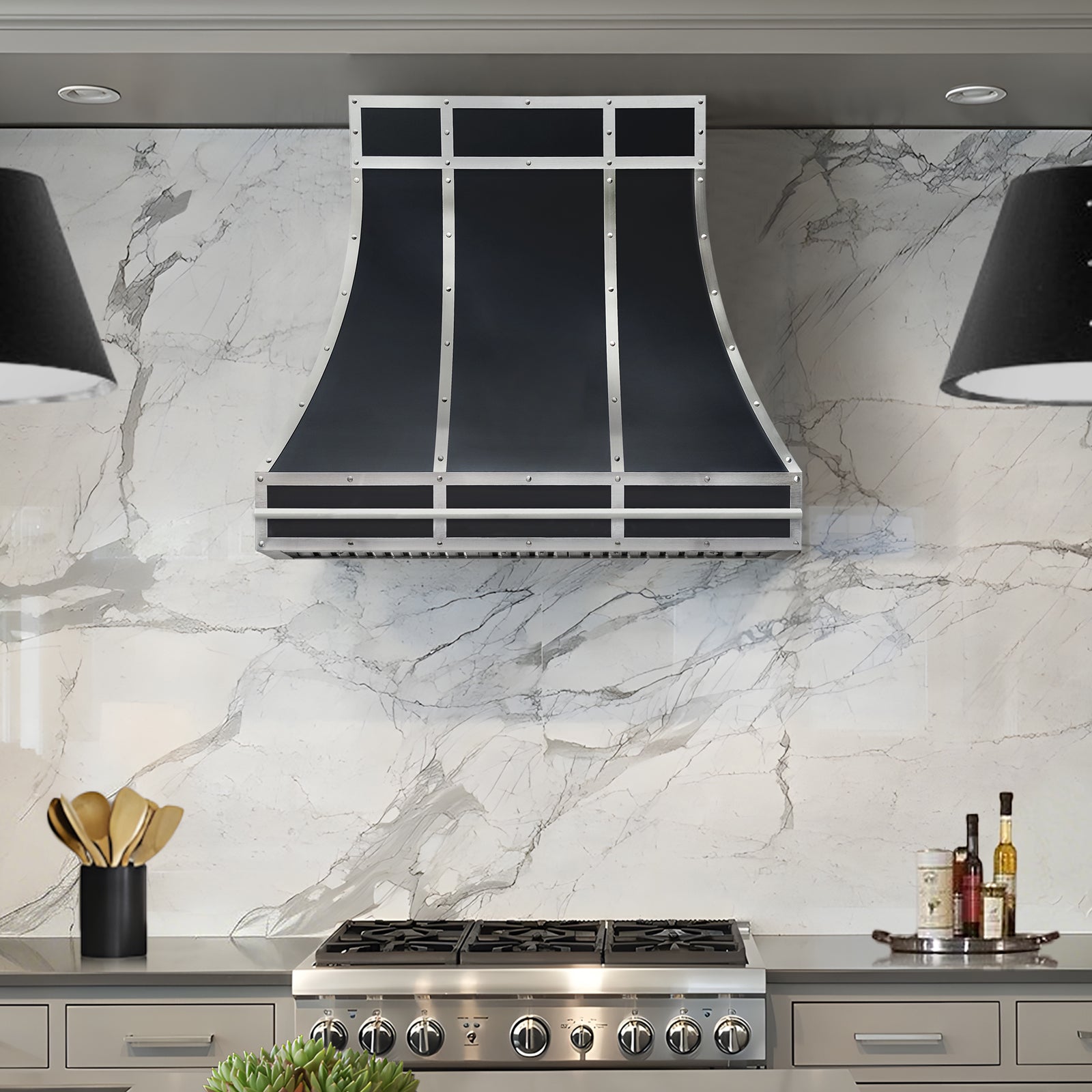 Fobest Custom Modern Black Stainless Steel Range Hood with Cross Straps FSS-589