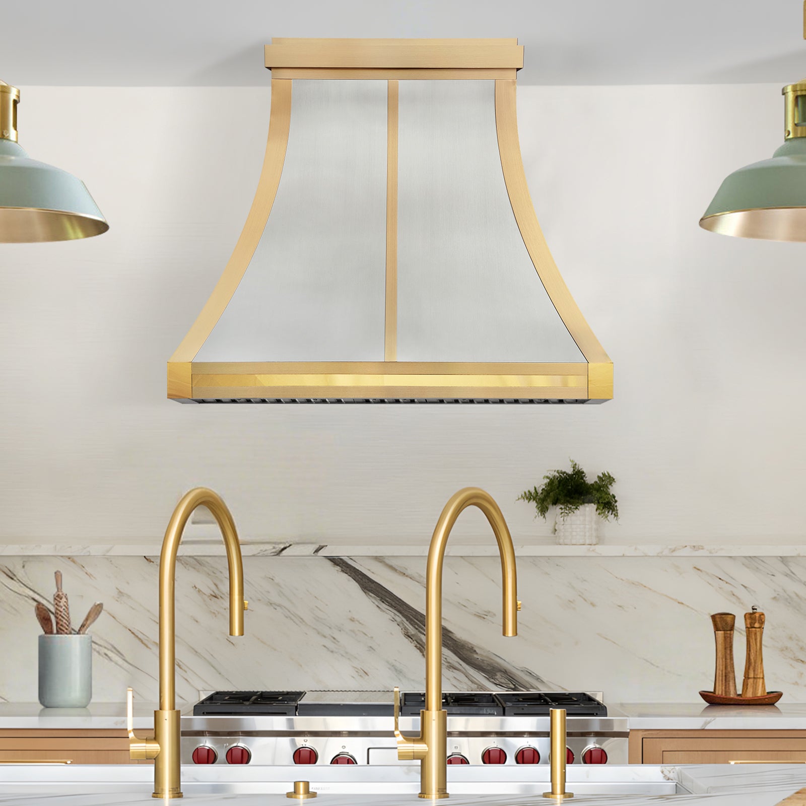 Fobest Custom Modern Range Hood in Curved Design with Layered Brass Straps FSS-625