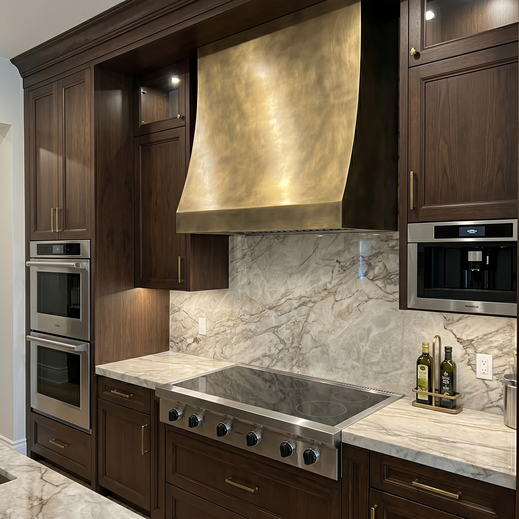 Fobest Custom No-Directional Aged Brass Range Hood in Curved Square Design FSS-572