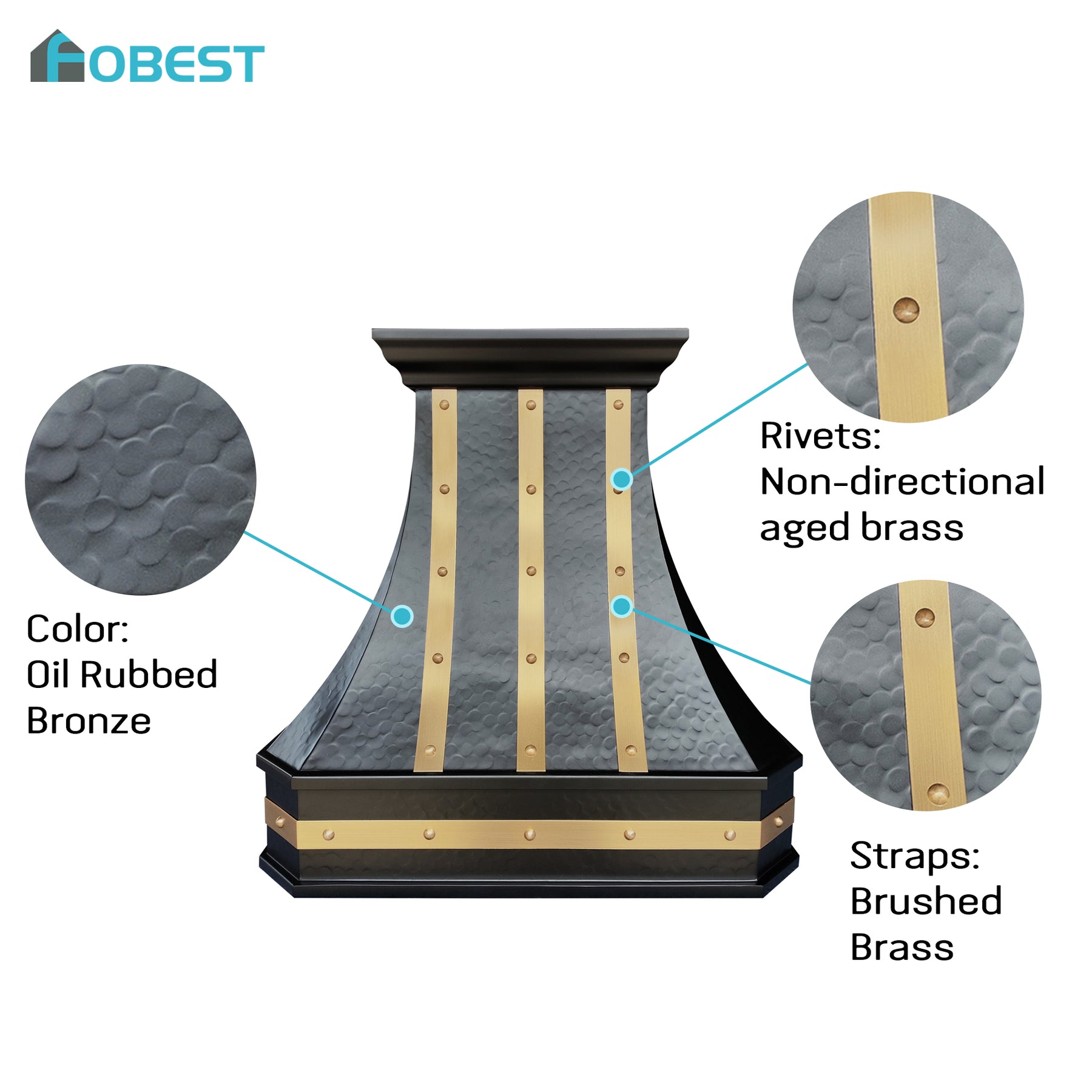 Fobest Custom Oil Rubbed Bronze Range Hood with Brass Straps & Rivet Details FCP-371