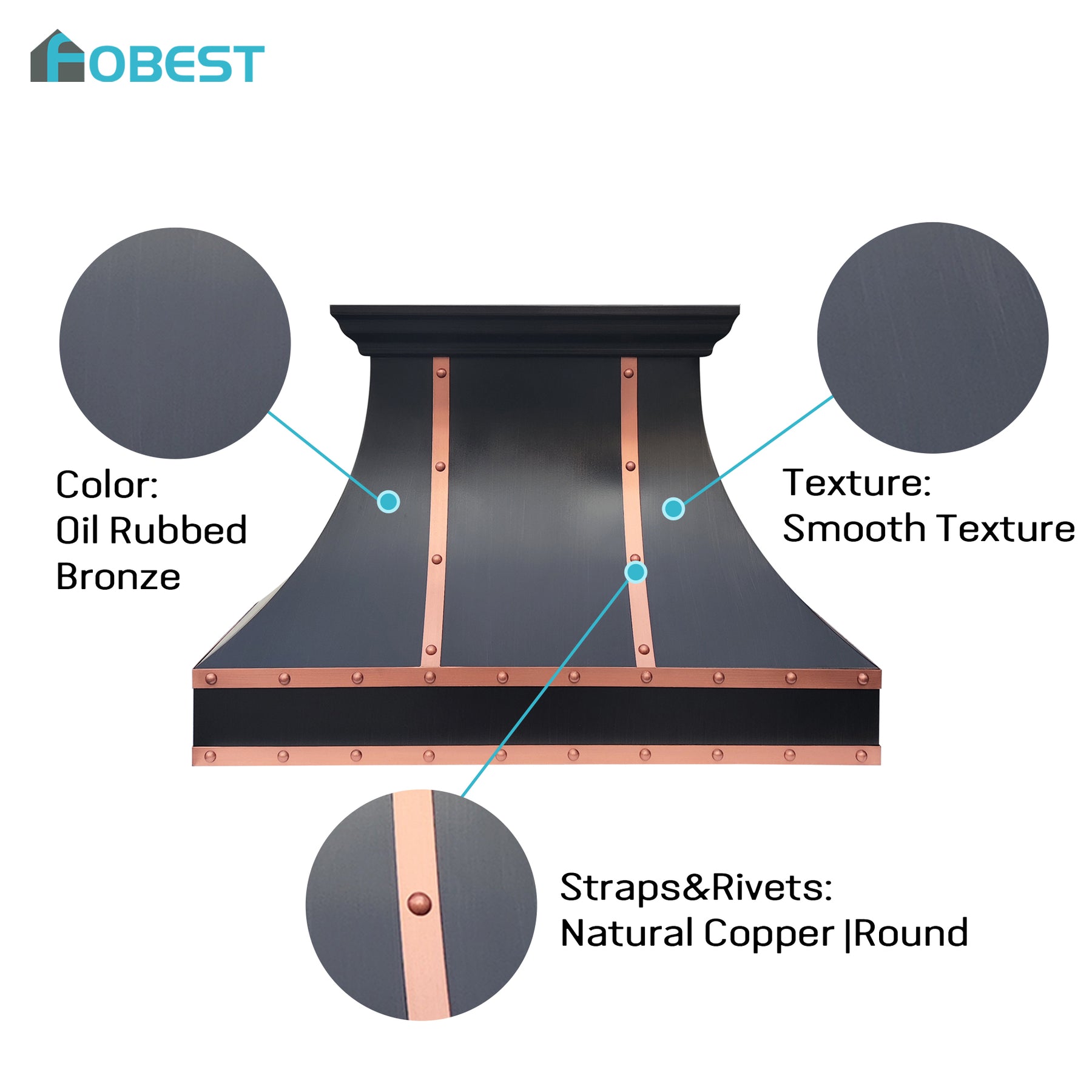 Fobest Custom Oil Rubbed Bronze Range Hood with Copper Straps & Rivets FCP-377