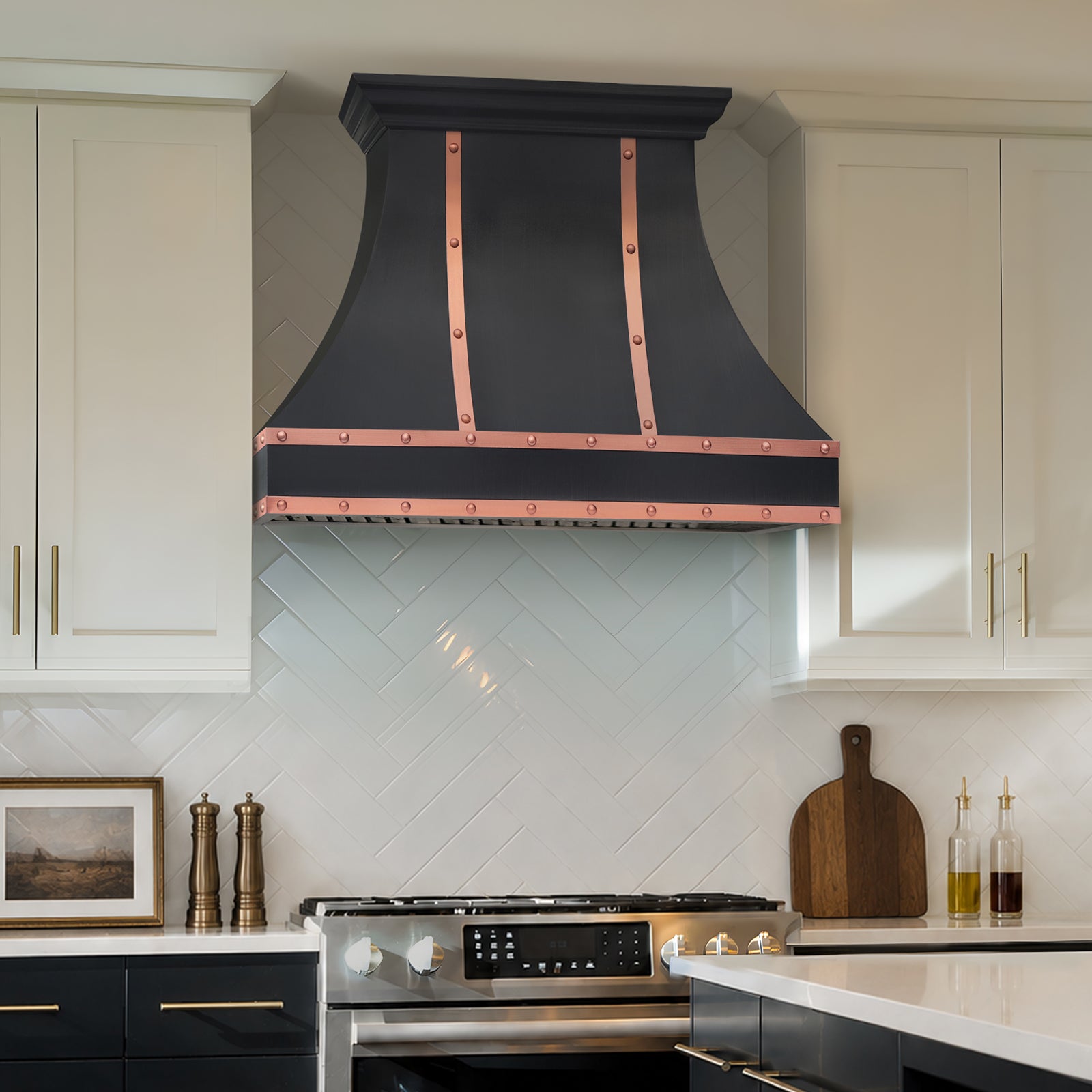 Fobest Custom Oil Rubbed Bronze Range Hood with Copper Straps & Rivets FCP-377