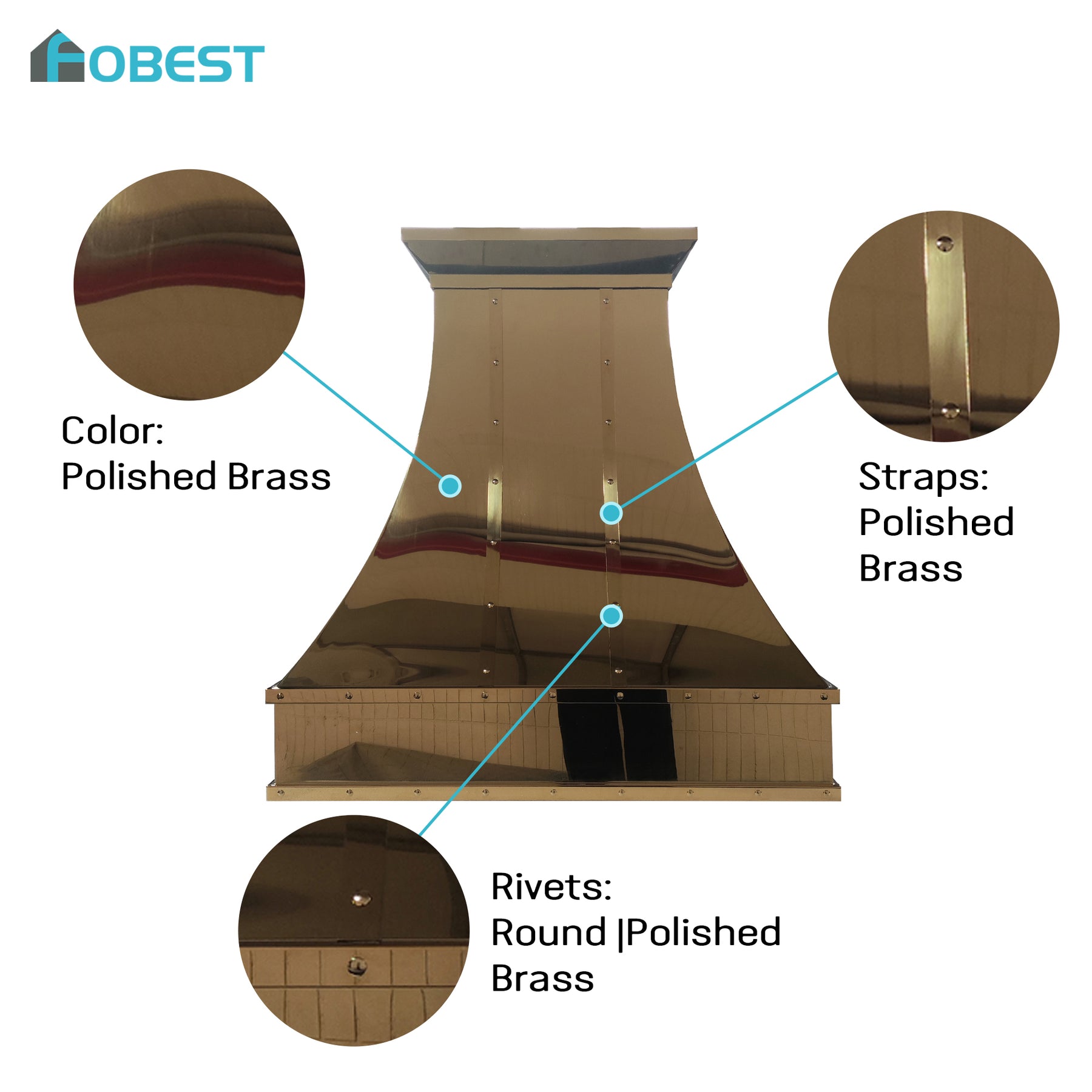 Fobest Custom Polished Brass Range Hood with Straps and Rivets FSS-682