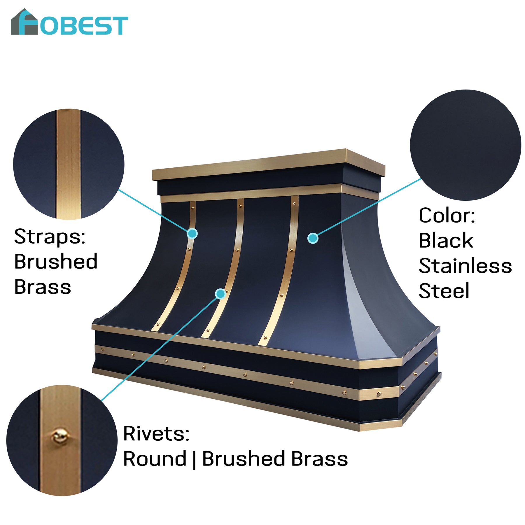 Fobest Custom Range Hood in Black and Brass Stainless Steel for California Luxury Kitchens FSS-561