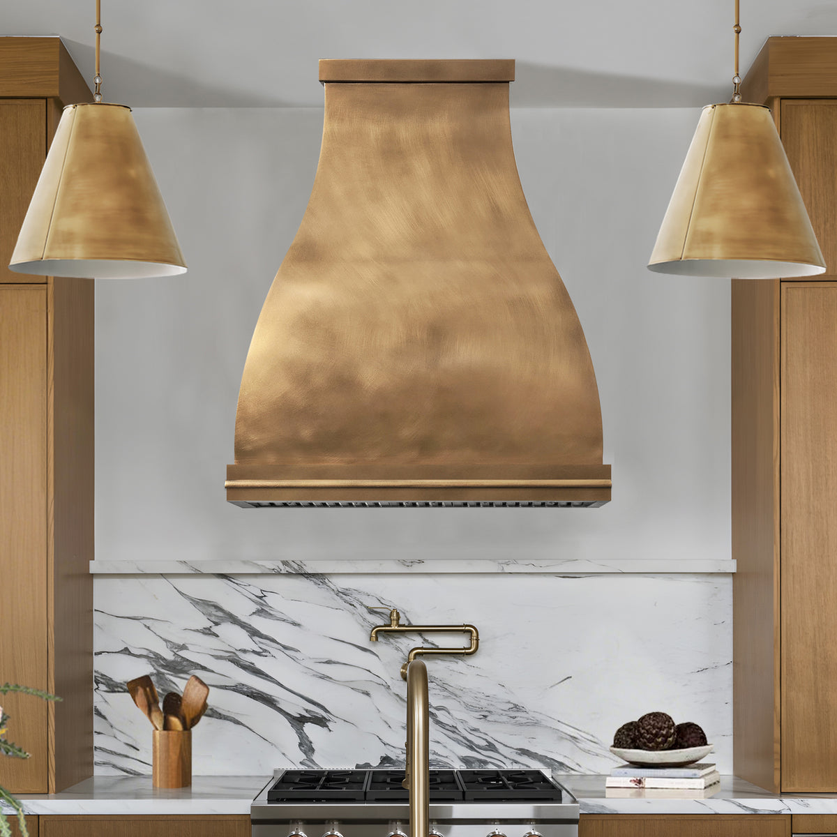 Fobest Custom Sculptural Brass Range Hood with Warm Modern Accent Statement FSS-600