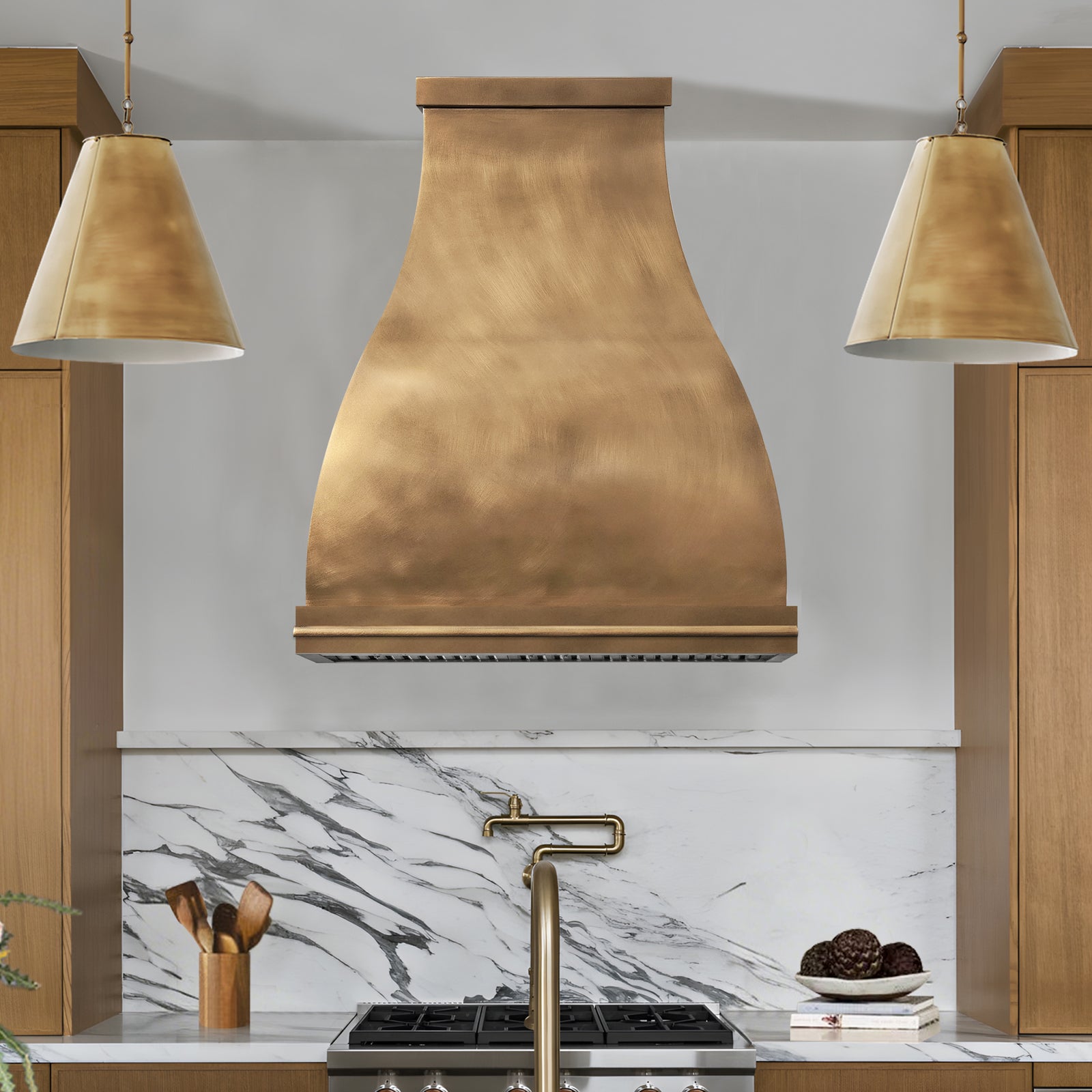 Fobest Custom Sculptural Brass Range Hood with Warm Modern Accent Statement FSS-600