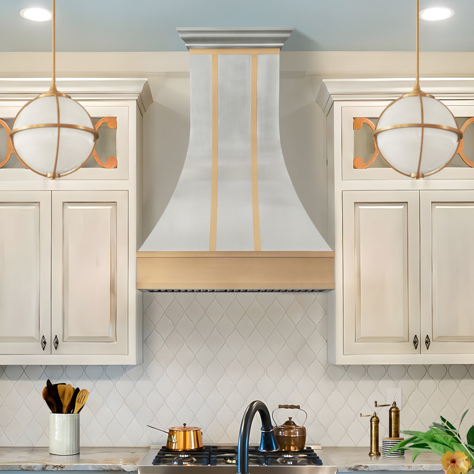 Fobest Custom Sculptural Stainless Steel Range Hood with Brass Accents FSS-615
