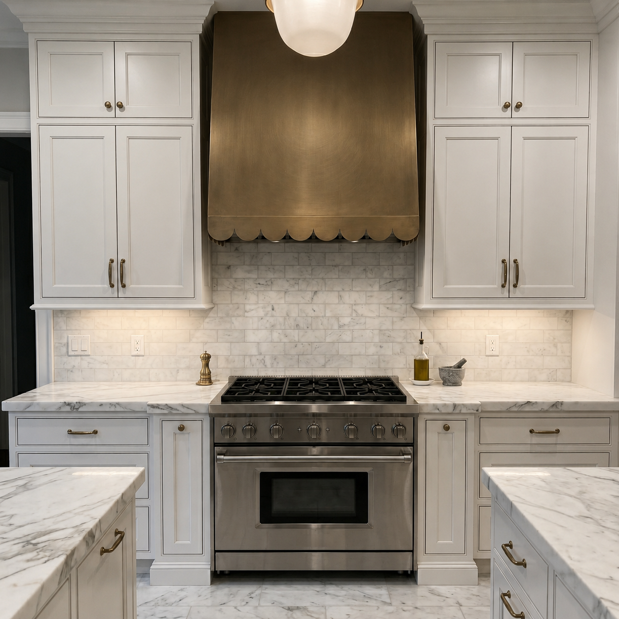 Fobest Custom Sloped Brushed Brass Range Hood with Scalloped Edge FSS-601