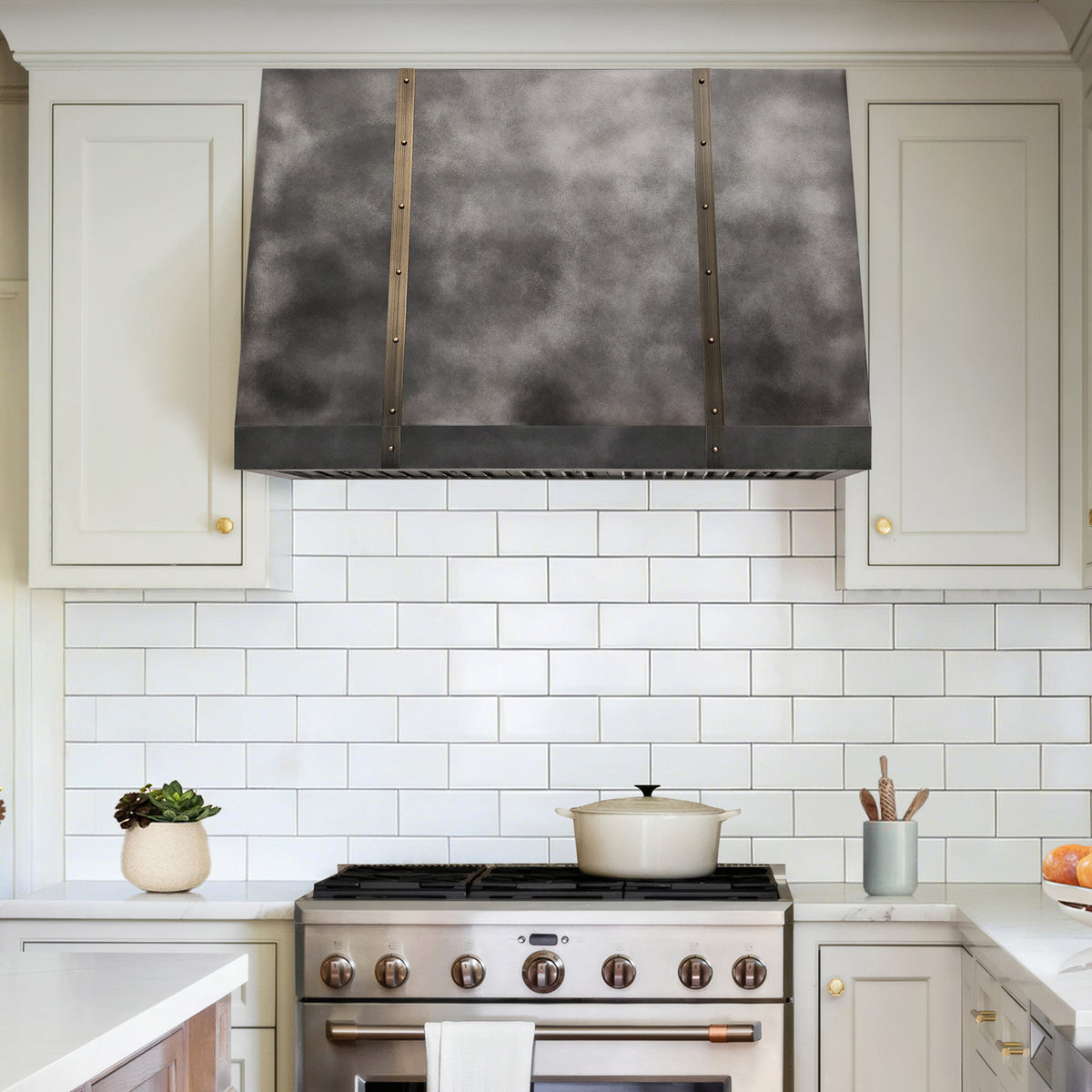 Fobest Custom Sloped Dark Zinc Range Hood with Aged Brass Detailing FSS-588