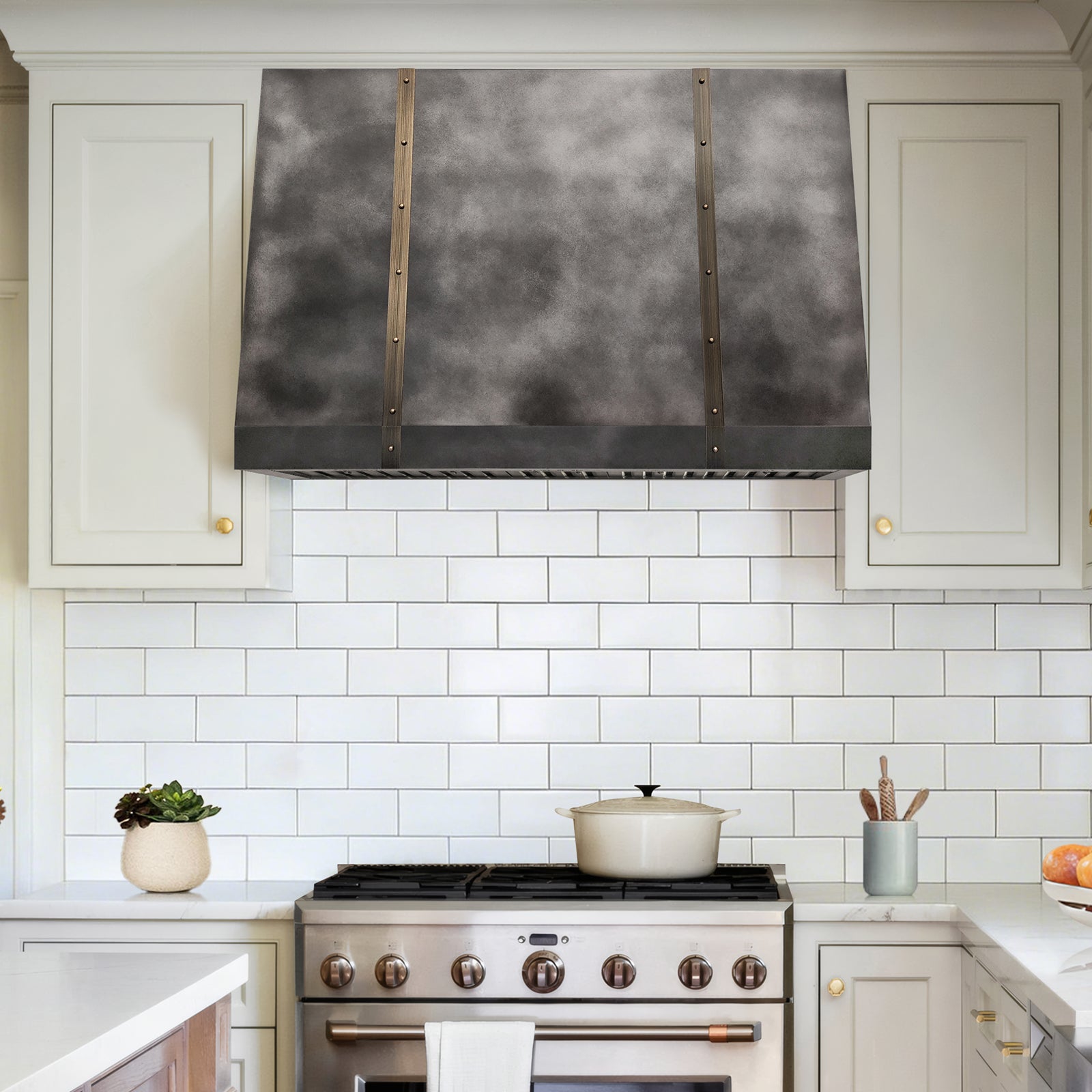 Fobest Custom Sloped Dark Zinc Range Hood with Aged Brass Detailing FSS-588