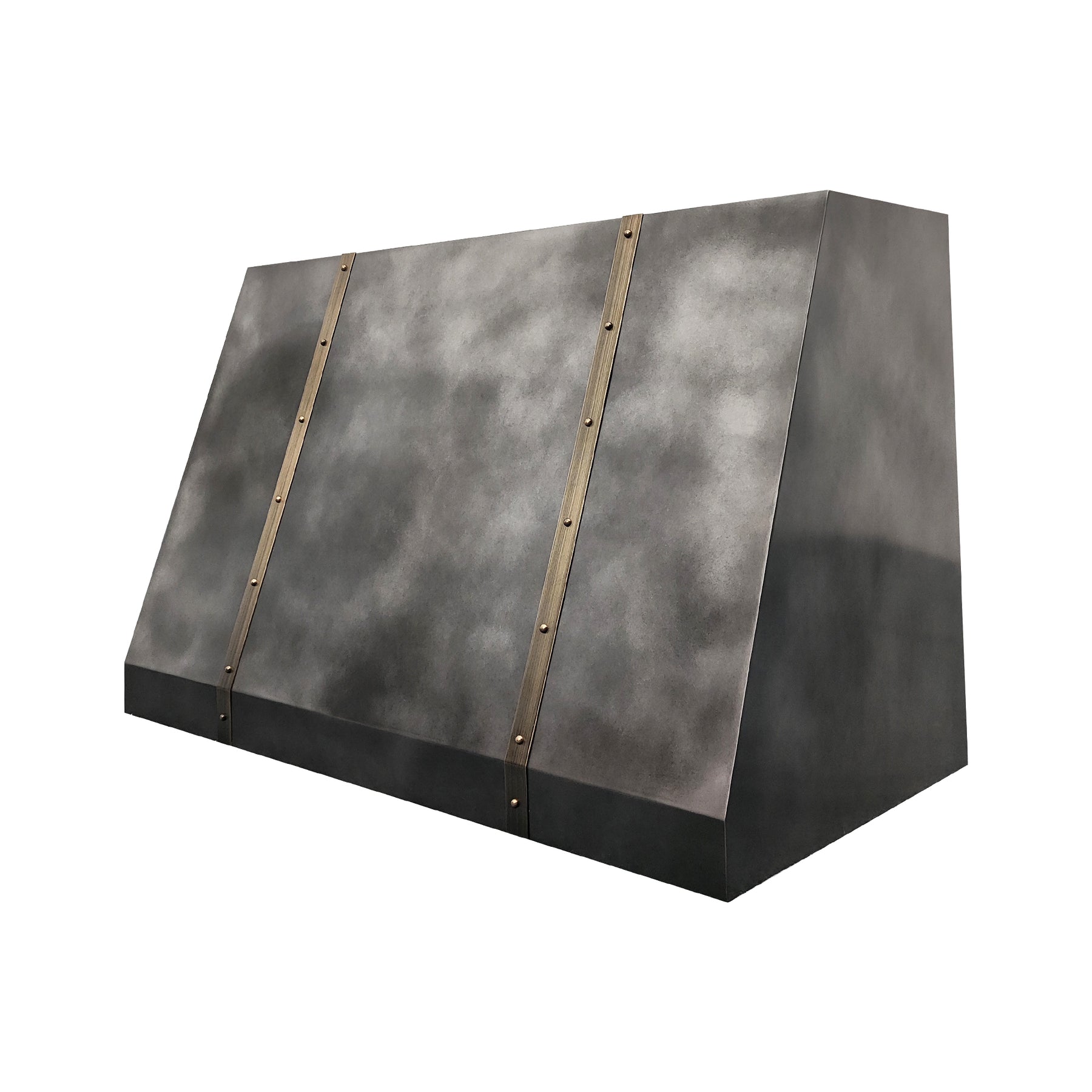Fobest Custom Sloped Dark Zinc Range Hood with Aged Brass Detailing FSS-588