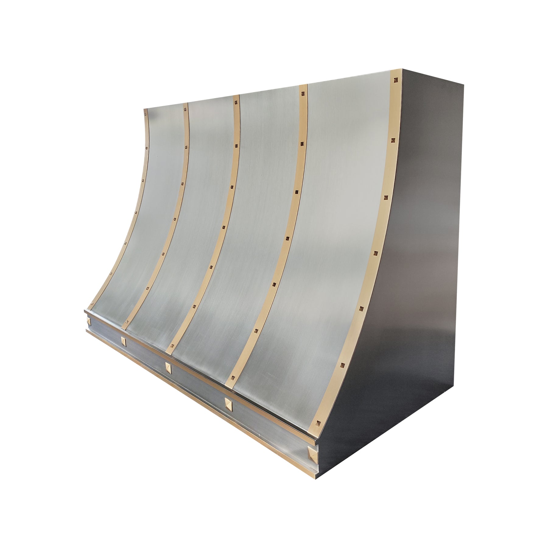 Fobest Custom Sloped Stainless Steel Range Hood with Brushed Brass Accents and Rivet Details FSS-685