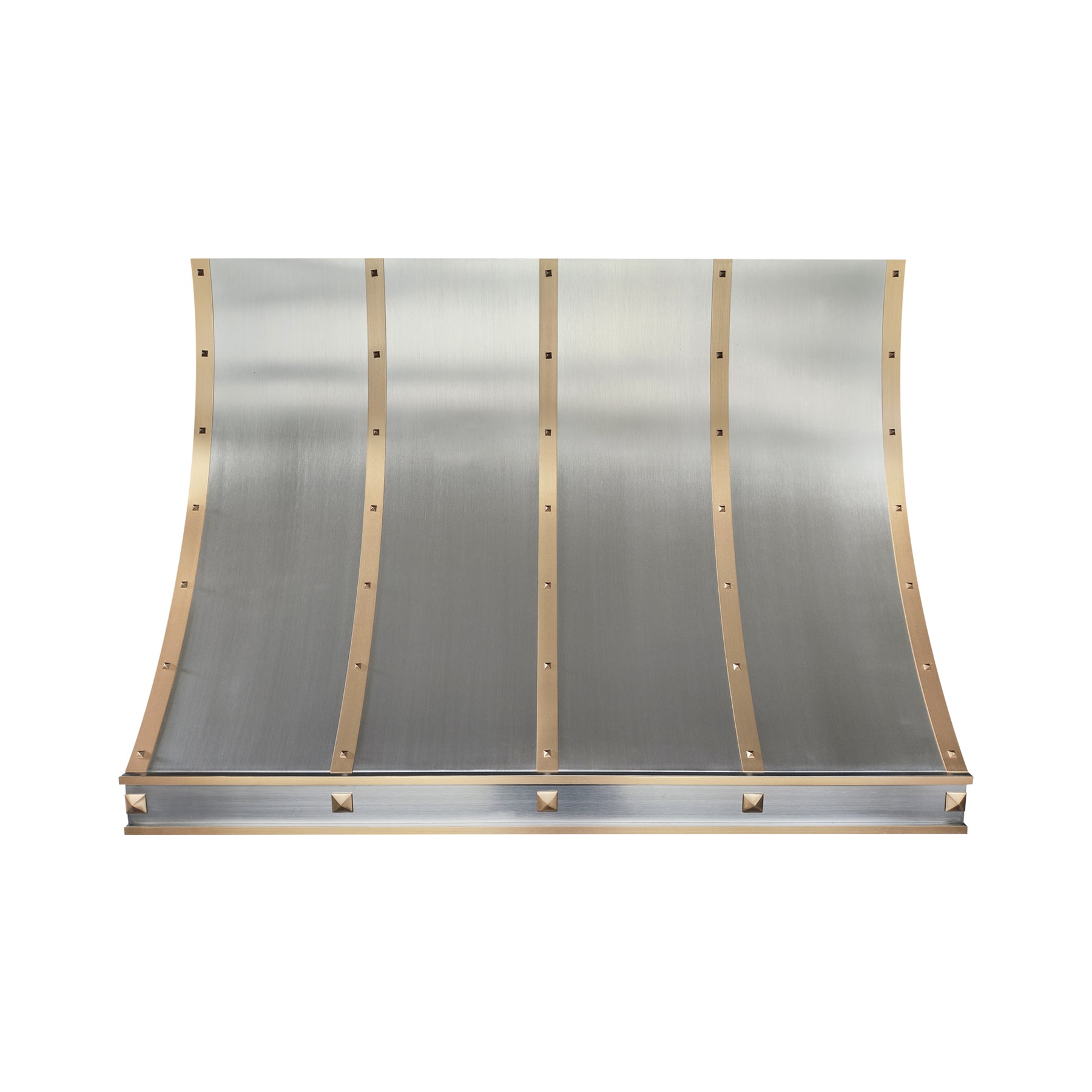 Fobest Custom Sloped Stainless Steel Range Hood with Brushed Brass Accents and Rivet Details FSS-685