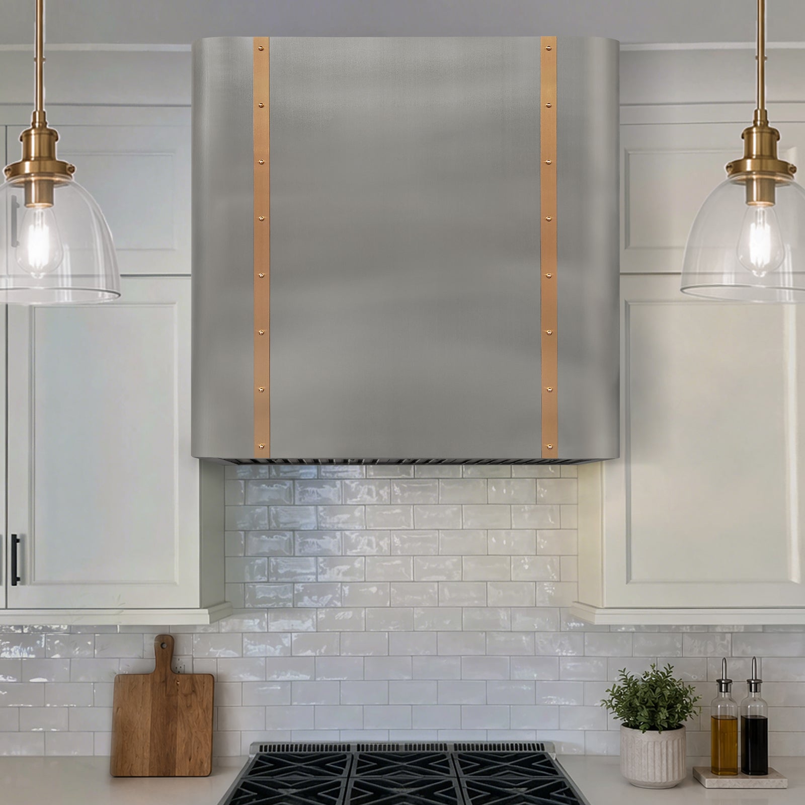 Fobest Custom Soft-Curved Stainless Steel Range Hood with Brushed Brass Details FSS-661